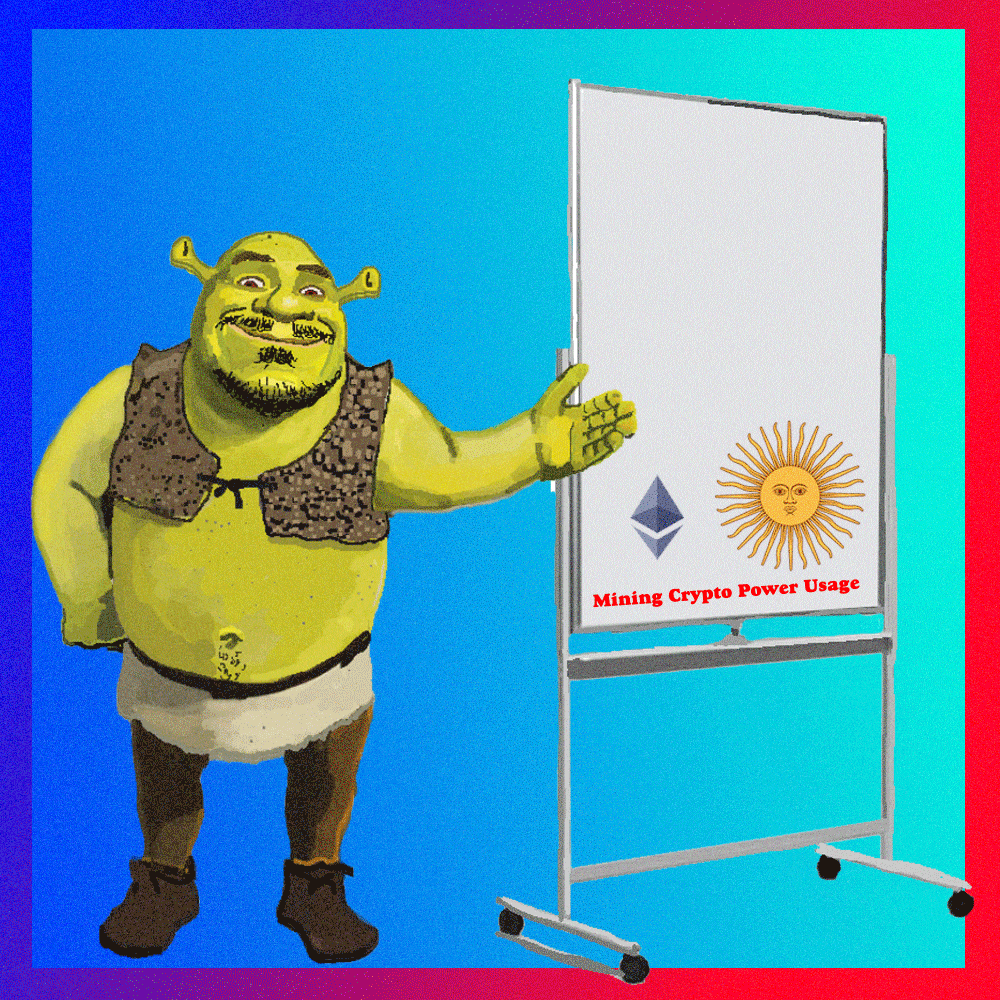 An animation of sexy Shrek with a goatee explaining how mining cryptocurrency currently uses as much power per year as Chile NFT