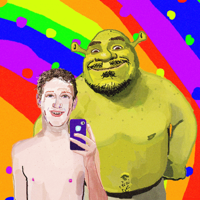 Shirtless Mark Zuck and sexy Shrek selfie on Rainbow Continuum NFT